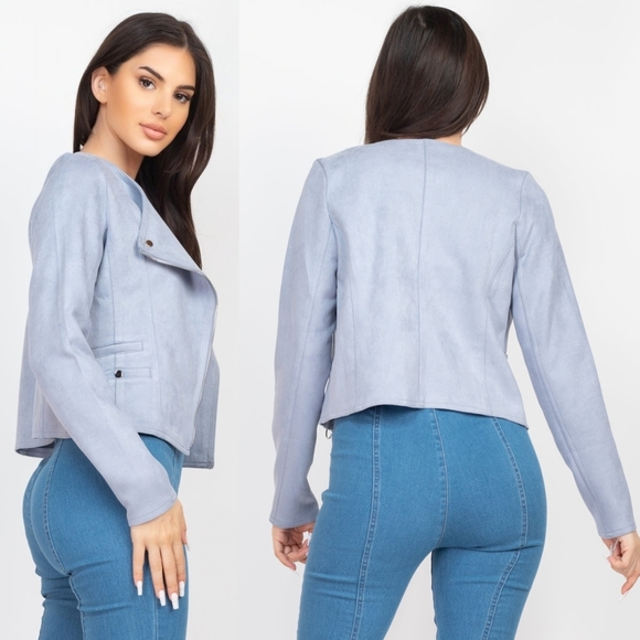 Cropped Moto Suede Jacket - Dust Blue - Picture 3 of 8